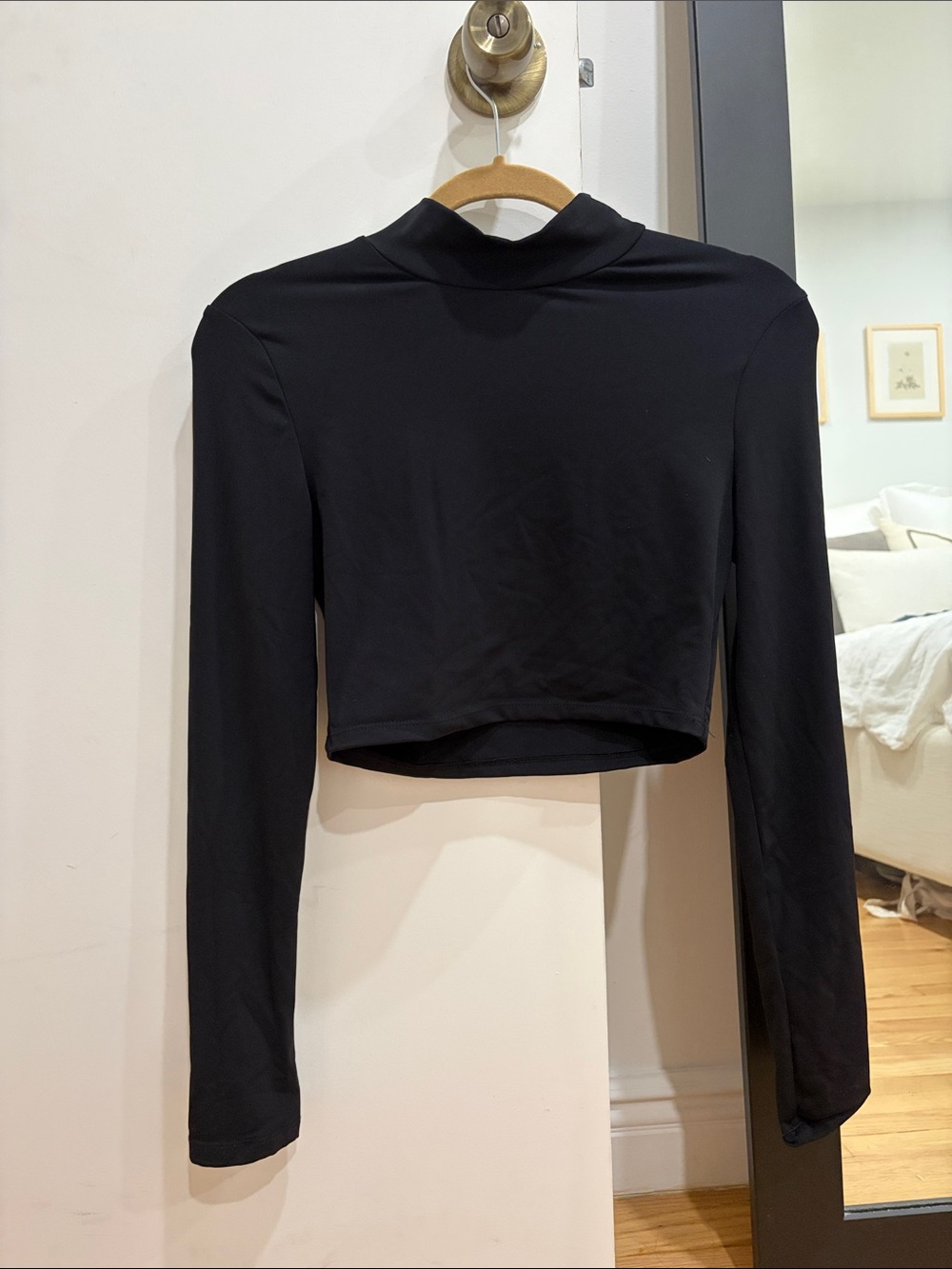 Women's Black Long-Sleeve Cropped Top with Mock Neck